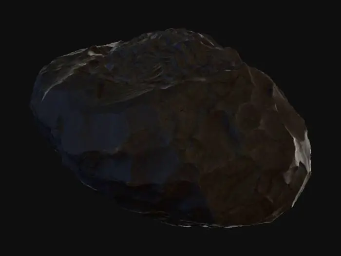 3D model for 검은 색의 운석, 중앙에 라면의 면발의 모양을 한 돌이 돌과 유사한 색으로 자연스럽게 박혀있음