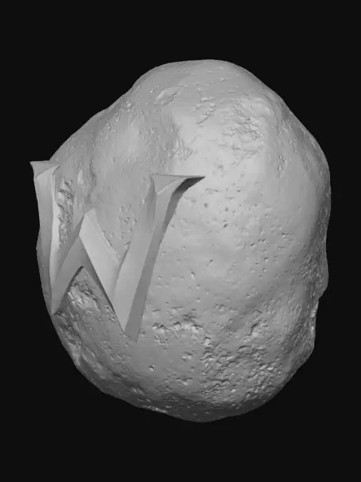 3D model for 흰색 배경, 검은 색의 운석, 중앙에 금색 W 모양의 광석이 박혀있음. 사실적 이미지
