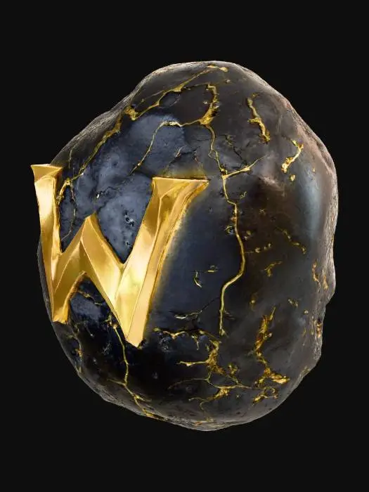3D model for 흰색 배경, 검은 색의 운석, 중앙에 금색 W 모양의 광석이 박혀있음. 사실적 이미지