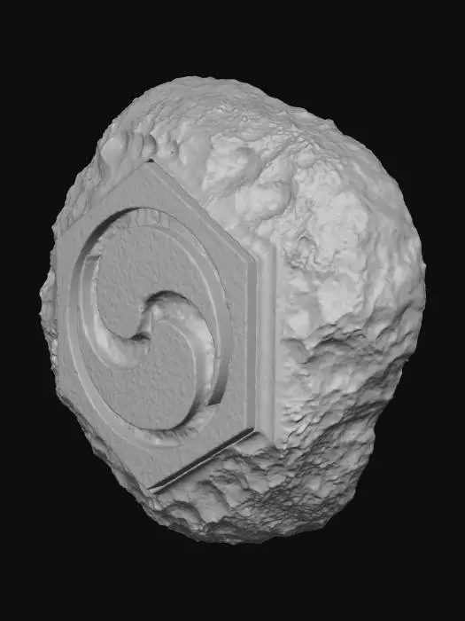 3D model for 흰색 배경, 검은 색의 운석, 중앙에 육각형 무늬의 양각이 새겨져있고, 그 안에는 태극 무늬가 아주 깊게 음각으로 새겨져 있음. 태극은 운석과 유사한 색으로 박혀있음. 사실적 이미지