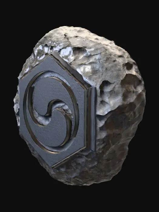 3D model for 흰색 배경, 검은 색의 운석, 중앙에 육각형 무늬의 양각이 새겨져있고, 그 안에는 태극 무늬가 아주 깊게 음각으로 새겨져 있음. 태극은 운석과 유사한 색으로 박혀있음. 사실적 이미지