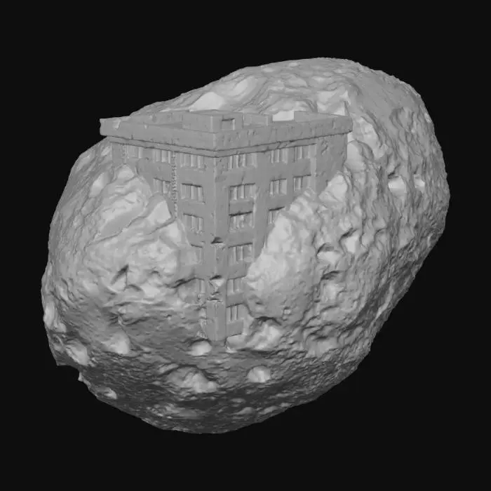 3D model for 검은 색의 운석, 중앙에 아파트 모양의 돌이 박혀있음