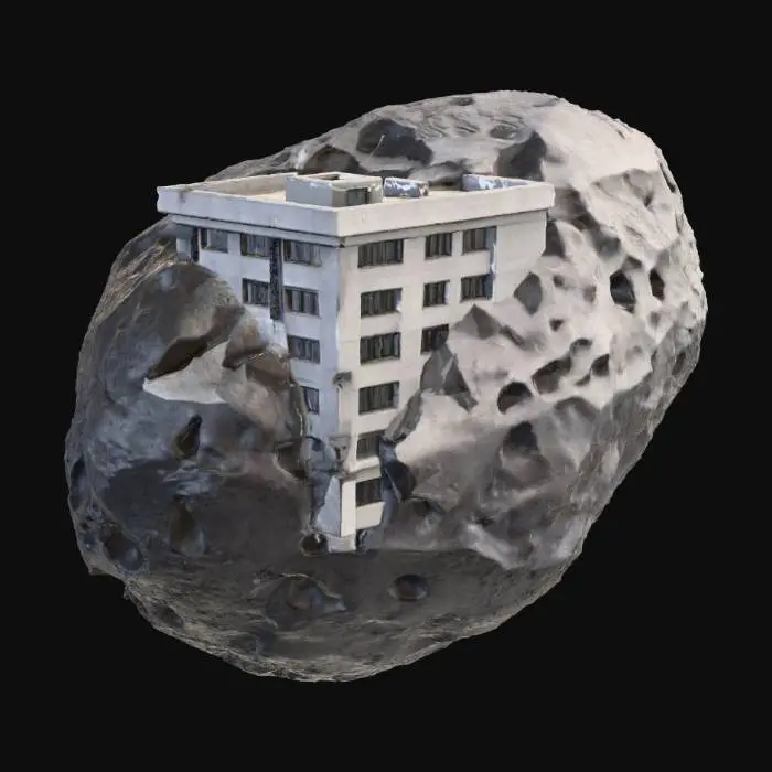 3D model for 검은 색의 운석, 중앙에 아파트 모양의 돌이 박혀있음