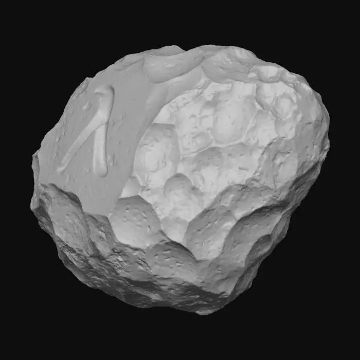 3D model for 흰색 배경, 검은 색의 운석, 중앙에 람다 소문자의 모양을 한 무늬가 박혀있음