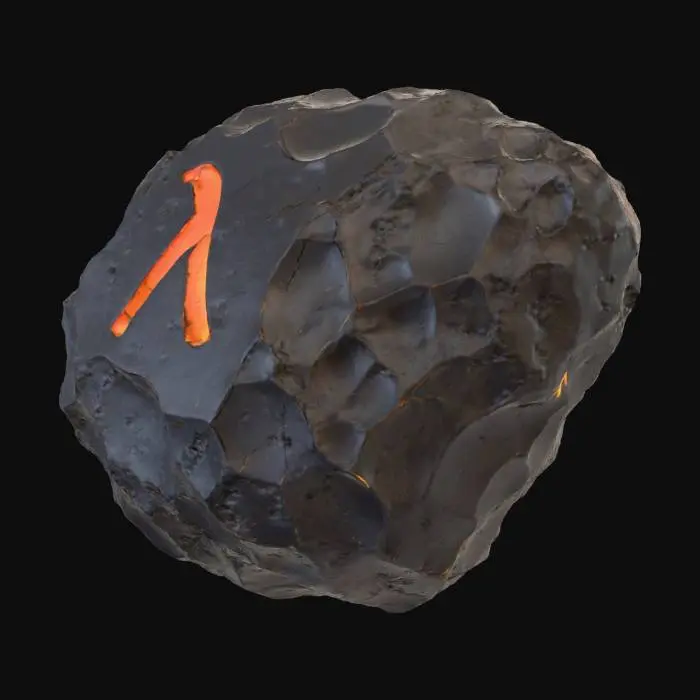 3D model for 흰색 배경, 검은 색의 운석, 중앙에 람다 소문자의 모양을 한 무늬가 박혀있음