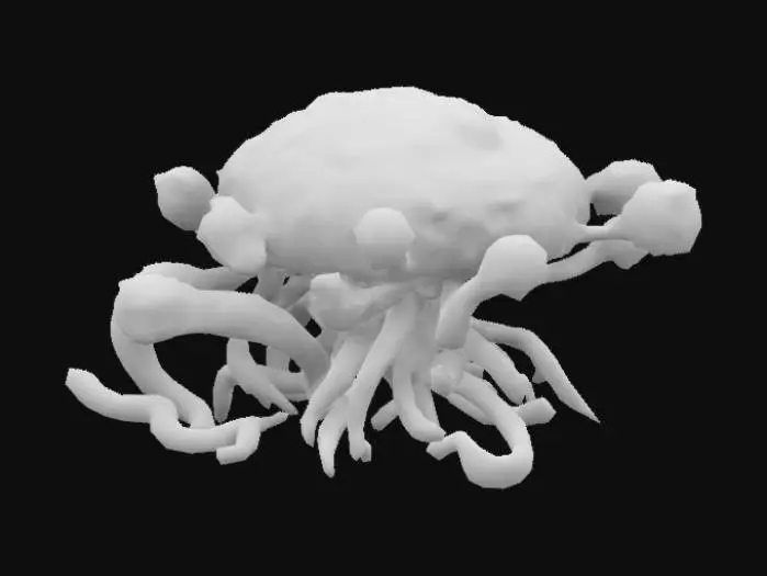 3D model for bio-mechanical, structure, biomass, an otherworldly, organic landscape that appears alien or fungal in nature. It features a variety of biological textures, including slimy, wet surfaces and bulbous growths that glow faintly he dominant color palette includes shades of green, yellow, brown, and reddish tones, creating a moist and unearthly atmosphere. with a bioluminescent light. The environment is teeming with twisted, worm-like structures, spore-like protrusions, and irregular, fleshy forms.