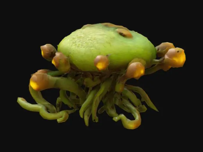 3D model for bio-mechanical, structure, biomass, an otherworldly, organic landscape that appears alien or fungal in nature. It features a variety of biological textures, including slimy, wet surfaces and bulbous growths that glow faintly he dominant color palette includes shades of green, yellow, brown, and reddish tones, creating a moist and unearthly atmosphere. with a bioluminescent light. The environment is teeming with twisted, worm-like structures, spore-like protrusions, and irregular, fleshy forms.