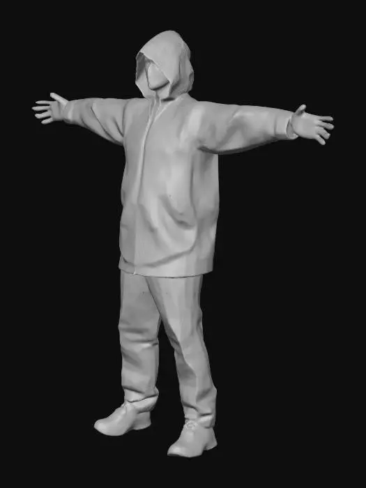 3D model for A young aged man dressed for the rain. He wears a fully blue hooded rain jacket, with the hood up over his head. Strands of brown hair fall down onto his forehead and partly cover his face. His eyes are brown, giving him a grounded, realistic look. He has on fully bright red splash pants (rainproof over pants with no other colors, loose-fitting and slightly glossy from the waterproof fabric). On his feet are brown rain boots, sturdy and slightly worn. The overall outfit looks practical, waterproof, and made for wet weather conditions. T-Posing