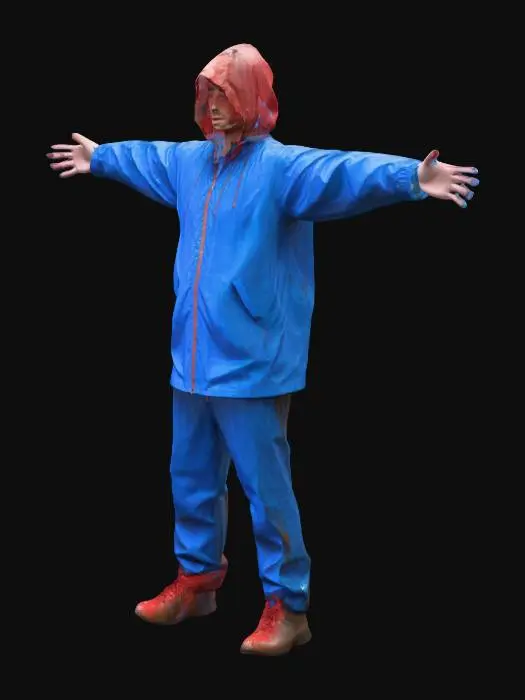3D model for A young aged man dressed for the rain. He wears a fully blue hooded rain jacket, with the hood up over his head. Strands of brown hair fall down onto his forehead and partly cover his face. His eyes are brown, giving him a grounded, realistic look. He has on fully bright red splash pants (rainproof over pants with no other colors, loose-fitting and slightly glossy from the waterproof fabric). On his feet are brown rain boots, sturdy and slightly worn. The overall outfit looks practical, waterproof, and made for wet weather conditions. T-Posing