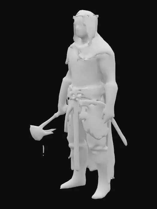 3D model for A dark fantasy medieval male warrior with a heavily scarred, pale body, wearing tattered cloth robes and leather belts. His armor is partial — chainmail and iron plates over the arms and legs. He holds a bloodied spiked flail or chain-whip. His back is covered in self-inflicted wounds and whip scars. Hooded, blindfolded, or with a crown of thorns. Gothic and religious, grim expression.