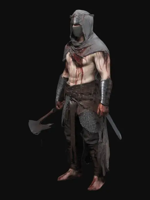 3D model for A dark fantasy medieval male warrior with a heavily scarred, pale body, wearing tattered cloth robes and leather belts. His armor is partial — chainmail and iron plates over the arms and legs. He holds a bloodied spiked flail or chain-whip. His back is covered in self-inflicted wounds and whip scars. Hooded, blindfolded, or with a crown of thorns. Gothic and religious, grim expression.