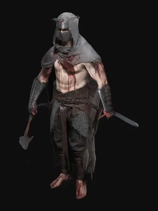 3D model for A dark fantasy medieval male warrior with a heavily scarred, pale body, wearing tattered cloth robes and leather belts. His armor is partial — chainmail and iron plates over the arms and legs. He holds a bloodied spiked flail or chain-whip. His back is covered in self-inflicted wounds and whip scars. Hooded, blindfolded, or with a crown of thorns. Gothic and religious, grim expression.