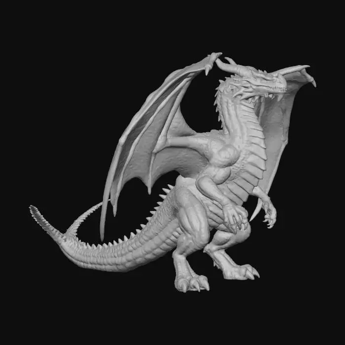 3D model for A very high polygon 3D render, GeForce RTX 5090 level graphics, 4096 x 2160 resolution at 60 Hz. A massive, ultra-detailed dragon stands alone against a neutral studio backdrop, designed for model showcase or rigging reference. Its scales display intricate texture, with subtle reflections and natural color variation highlighting the realism. The dragon’s wings are partially spread to show full structure and anatomy, claws grounded, posture proud yet balanced. Lighting is controlled and even, emphasizing the creature’s fine details — from the horns and eyes to the layered wings and tail. Ultra-detailed next-gen game graphics, clear visibility, neutral background, no scanlines, designed for a 3D character model showcase in a fantasy-futuristic style.