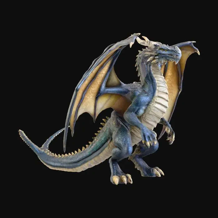 3D model for A very high polygon 3D render, GeForce RTX 5090 level graphics, 4096 x 2160 resolution at 60 Hz. A massive, ultra-detailed dragon stands alone against a neutral studio backdrop, designed for model showcase or rigging reference. Its scales display intricate texture, with subtle reflections and natural color variation highlighting the realism. The dragon’s wings are partially spread to show full structure and anatomy, claws grounded, posture proud yet balanced. Lighting is controlled and even, emphasizing the creature’s fine details — from the horns and eyes to the layered wings and tail. Ultra-detailed next-gen game graphics, clear visibility, neutral background, no scanlines, designed for a 3D character model showcase in a fantasy-futuristic style.