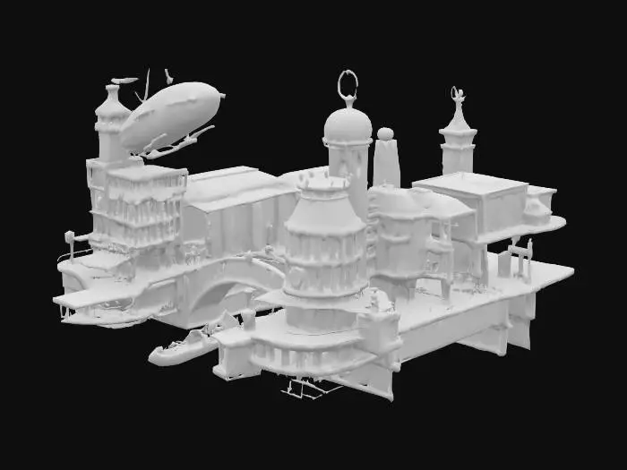 3D model for [Italy] Floating steampunk Venice canal cityscape, gondolas transformed into airships, ornate mechanical bridges, detailed Victorian buildings, symmetrical watertight geometry, highly detailed printable scene #AroundTheWorld#
, #AroundTheWorld#