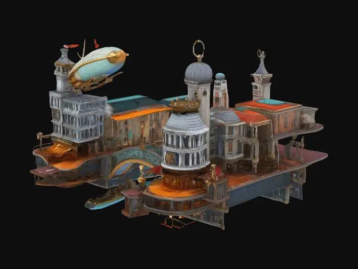 3D model for [Italy] Floating steampunk Venice canal cityscape, gondolas transformed into airships, ornate mechanical bridges, detailed Victorian buildings, symmetrical watertight geometry, highly detailed printable scene #AroundTheWorld#
, #AroundTheWorld#