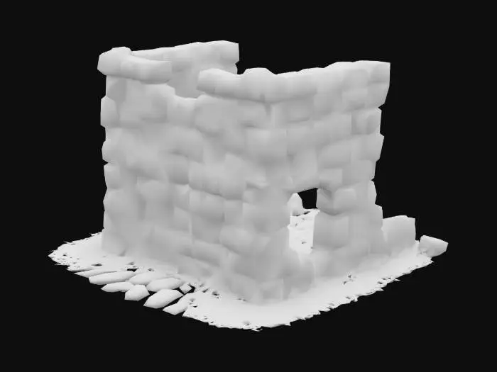 3D model for A stylized ruined stone [wall section/corner/pillar] from a medieval battlefield, partially broken and weathered. Cracks, moss, and rubble at the base. Game-ready solid mesh for 3D print, no floating elements. Cinematic lighting, full object on white background., #AroundTheWorld#