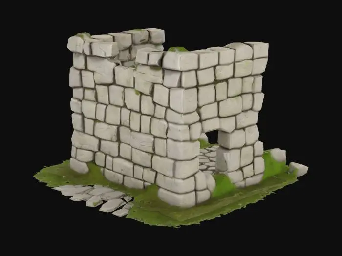 3D model for A stylized ruined stone [wall section/corner/pillar] from a medieval battlefield, partially broken and weathered. Cracks, moss, and rubble at the base. Game-ready solid mesh for 3D print, no floating elements. Cinematic lighting, full object on white background., #AroundTheWorld#