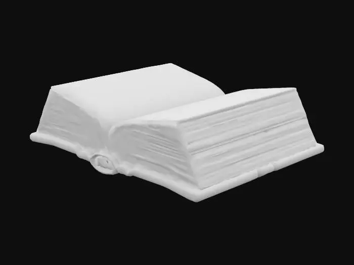 3D model for An open magical book with an obsidian black stone hardcover, embossed with glowing runes. The pages are made of radiant golden metal, etched with arcane symbols. Streams of glowing energy, light particles, and ethereal glyphs rise from the book, symbolizing powerful knowledge being released. Centered on a pure white background, hyper-detailed, fantasy style, cinematic lighting, no shadows.