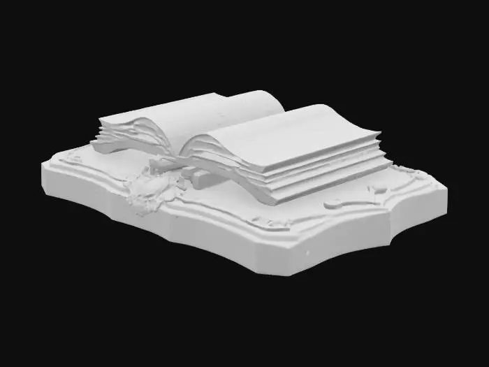 3D model for Black and gold stone tablet, open book in middle with scribble lines for text as embossed icon, baked in high quality details for 3d printing, #emblem#