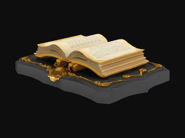 3D model for Black and gold stone tablet, open book in middle with scribble lines for text as embossed icon, baked in high quality details for 3d printing, #emblem#
