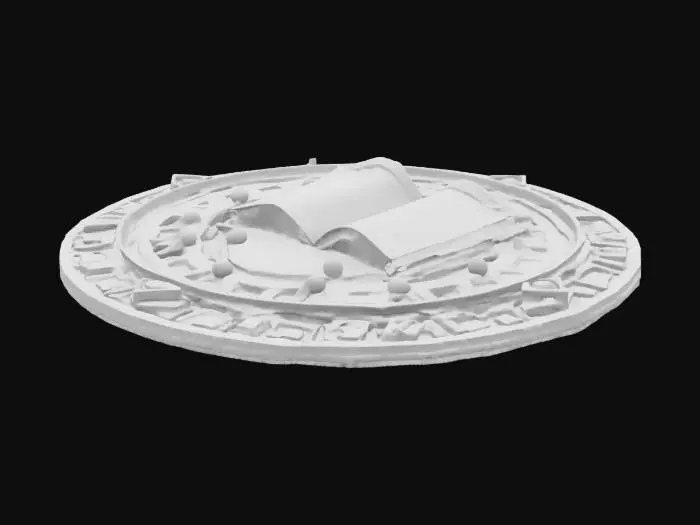 3D model for A circular emblem made of worn brass and obsidian, featuring a stylized open book at the center with glowing circuitry lines etched into its pages. The emblem is surrounded by ancient script carved into the outer ring and small embedded crystal nodes at the cardinal points. The surface is slightly weathered with deep engravings and raised details, giving it an arcane technological feel. Designed with perfect radial symmetry, for 3D printing or game asset use., 
