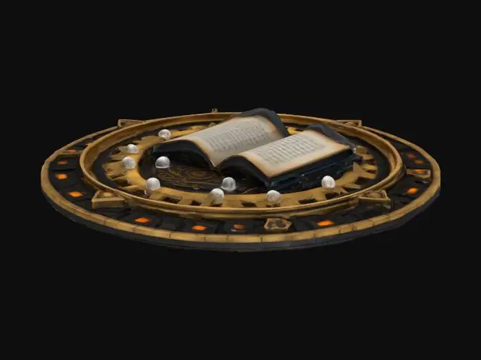 3D model for A circular emblem made of worn brass and obsidian, featuring a stylized open book at the center with glowing circuitry lines etched into its pages. The emblem is surrounded by ancient script carved into the outer ring and small embedded crystal nodes at the cardinal points. The surface is slightly weathered with deep engravings and raised details, giving it an arcane technological feel. Designed with perfect radial symmetry, for 3D printing or game asset use., 
