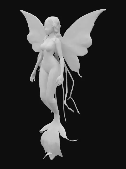 3D model for #fairy#,  Tideheart the Ocean's Muse: A water fairy with deep blue and aqua scales along her limbs, resembling the ocean's depths. Her wings are clear and ripple like water, and she wears pearls and shells in her flowing, seaweed-like hair. She controls the ebb and flow of tides and whispers secrets known only to the deep.