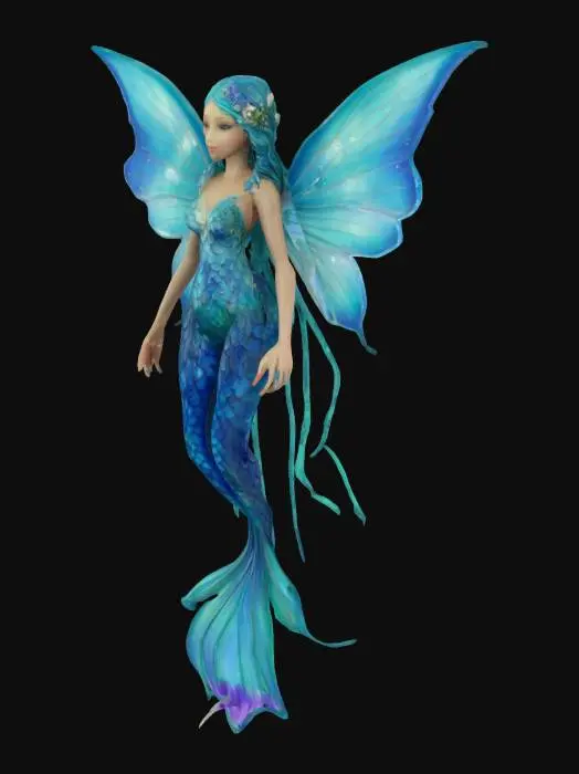3D model for #fairy#,  Tideheart the Ocean's Muse: A water fairy with deep blue and aqua scales along her limbs, resembling the ocean's depths. Her wings are clear and ripple like water, and she wears pearls and shells in her flowing, seaweed-like hair. She controls the ebb and flow of tides and whispers secrets known only to the deep.