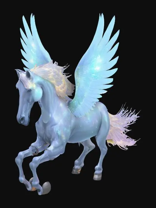 3D model for A majestic winged horse with luminous celestial wings, soaring through a mystical sky filled with glowing constellations and swirling nebulae, its mane flowing like liquid stardust, ethereal light radiating from its body, enchanted atmosphere, ultra-detailed, fantasy art, cinematic composition, trending on ArtStation, 8K resolution.