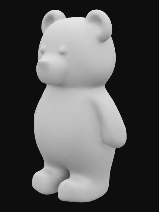 3D model for humanoid gummy bear made of red jello, stylized smooth surface, rounded limbs, cute bear face, solid symmetrical shape, standing upright, soft but thick geometry, no internal detail, watertight, solid 3D printable design, high resolution, clean silhouette