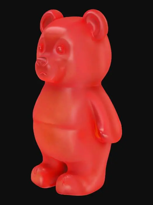 3D model for humanoid gummy bear made of red jello, stylized smooth surface, rounded limbs, cute bear face, solid symmetrical shape, standing upright, soft but thick geometry, no internal detail, watertight, solid 3D printable design, high resolution, clean silhouette
