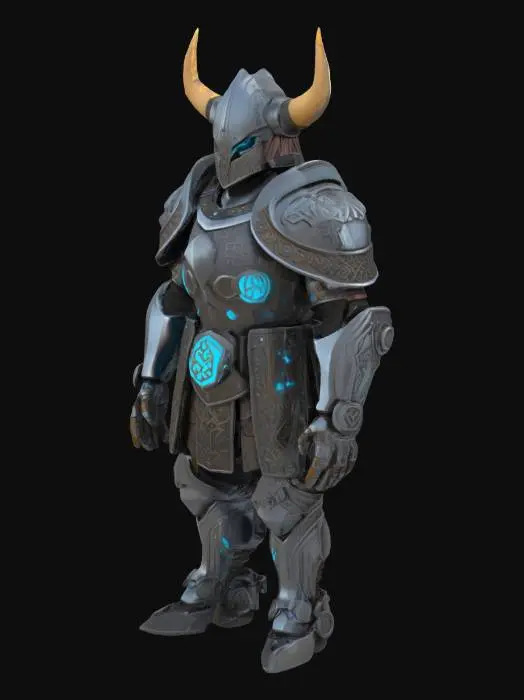3D model for [Norway] Norse Viking mech armor sculpture, detailed metallic plating with glowing runes, horned helmet design, solid and symmetrical, futuristic Norse mythology inspired, highly detailed for 3D printing, #AroundTheWorld#