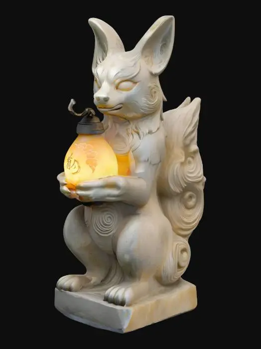 3D model for [Japan] Spirit Kitsune Lantern: A sacred ancient stone kitsune (fox) statue holding a glowing floating lantern, carved in detailed aged stone, swirling spirit energy inside the lantern, symmetrical, watertight, high-resolution, clean solid geometry, 3D printable style, no floating parts., #AroundTheWorld#
