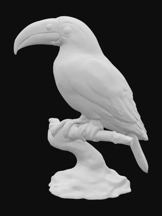 3D model for [Brazil] Crystal Toucan: A giant toucan statue perched on a stylized tree branch, sculpted entirely from semi-transparent rainbow crystal, vibrant refracted light effects across the wings and beak, smooth flowing forms, stylized feathers appearing like shattered glass, symmetrical, watertight, clean geometry, highly detailed, printable 3D style, no background clutter, focus on full-body statue, #AroundTheWorld#