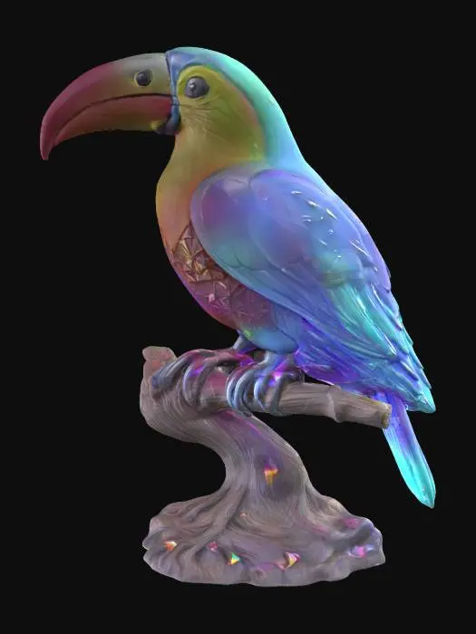 3D model for [Brazil] Crystal Toucan: A giant toucan statue perched on a stylized tree branch, sculpted entirely from semi-transparent rainbow crystal, vibrant refracted light effects across the wings and beak, smooth flowing forms, stylized feathers appearing like shattered glass, symmetrical, watertight, clean geometry, highly detailed, printable 3D style, no background clutter, focus on full-body statue, #AroundTheWorld#