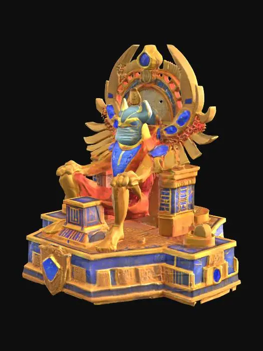 3D model for [Egypt] The Scarab Throne: A floating throne carved into the shape of a giant scarab beetle, detailed with golden accents, lapis lazuli inlays, and ancient Egyptian hieroglyphs, mystical glow around the scarab's wings and throne base, symmetrical, highly detailed, watertight, clean solid geometry, printable 3D style, no disconnected parts, #AroundTheWorld#