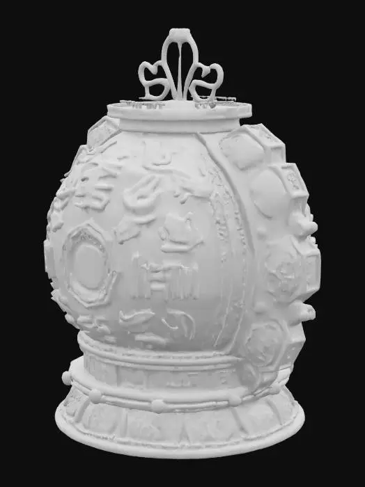 3D model for [Tibet] The Ruby Prayer Wheel: A massive ancient prayer wheel carved from deep ruby crystal, mounted on a golden ceremonial base, intricate Tibetan script and lotus patterns engraved in spirals around the surface, soft internal red glow radiating from the ruby core, sacred and mystical design, symmetrical, highly detailed, watertight, solid printable 3D style, no background clutter, full-object focus only, #AroundTheWorld#