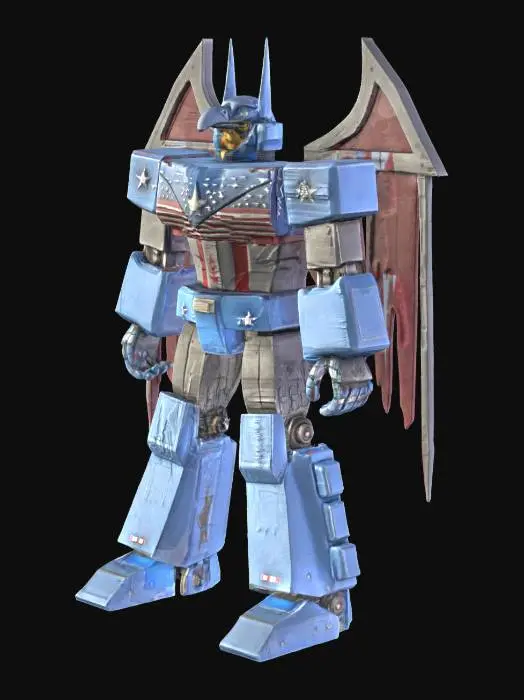 3D model for [USA] Freedom Guardian: A boxy heroic robot statue inspired by an American bald eagle, angular mechanical eagle head with a sharp beak, blocky chest armor featuring a bold star and flag stripes design, thick rectangular arms and legs, metal flag panel wings attached to the back, proud power stance, solid simple mechanical design, symmetrical, watertight, highly detailed, printable 3D style, no background clutter, full-body character focus only, #AroundTheWorld#