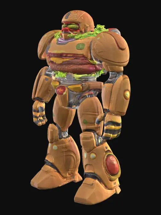 3D model for [USA] Hamburger Mech: A giant heroic robot made entirely of hamburger ingredients, rounded sesame seed buns as shoulder and chest armor, melted cheese plates covering joints, lettuce cape flowing behind, tomato and onion shields on arms, pickles embedded as glowing energy cores, powerful flexing pose, cartoon style, symmetrical, watertight, highly detailed, solid printable 3D style, no background clutter, full-body character focus, #AroundTheWorld#
