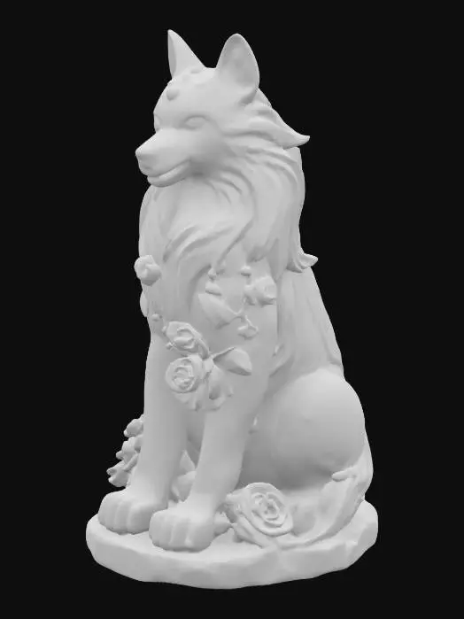 3D model for [June] Celestial Wolf of Love and Fortune: A majestic stone wolf statue infused with June birth symbols, smooth pearl orbs embedded into its forehead and paws, fur sections shimmering between teal-green and magenta like alexandrite, glowing moonstone shards along the back and tail, carved stone roses blossoming at the shoulders and ankles, delicate honeysuckle vines curling around the legs, proud upward gaze pose, symmetrical, highly detailed, watertight, solid printable 3D style, full-body statue focus, no background clutter