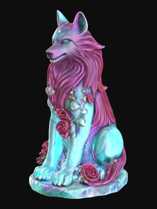 3D model for [June] Celestial Wolf of Love and Fortune: A majestic stone wolf statue infused with June birth symbols, smooth pearl orbs embedded into its forehead and paws, fur sections shimmering between teal-green and magenta like alexandrite, glowing moonstone shards along the back and tail, carved stone roses blossoming at the shoulders and ankles, delicate honeysuckle vines curling around the legs, proud upward gaze pose, symmetrical, highly detailed, watertight, solid printable 3D style, full-body statue focus, no background clutter
