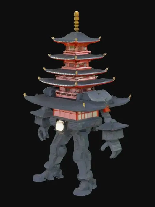 3D model for [Japan] Pagoda Guardian, A walking golem made of stacked pagoda towers, with shoji panels, curved roofs, and paper lantern joints, Head = a shrine top, arms = temple pillars, #AroundTheWorld#