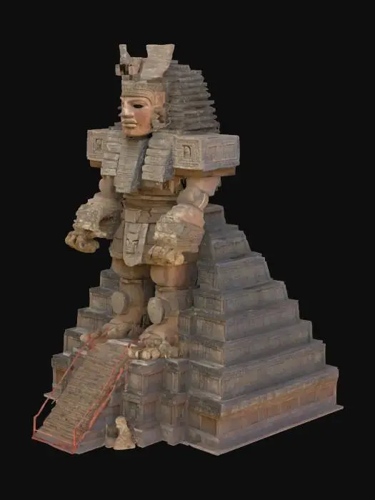 3D model for [Mexico] Pyramid Colossus, A massive humanoid figure with Mayan/Aztec pyramid steps forming its limbs, Face = sunstone mask, arms = temples, #AroundTheWorld#