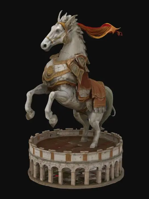 3D model for [Italy] Colosseum Centaur, Lower half = circular Colosseum structure; upper = armored Roman centaur made of marble and arches, Shoulders = crumbling statues, mane = banners,, #AroundTheWorld#