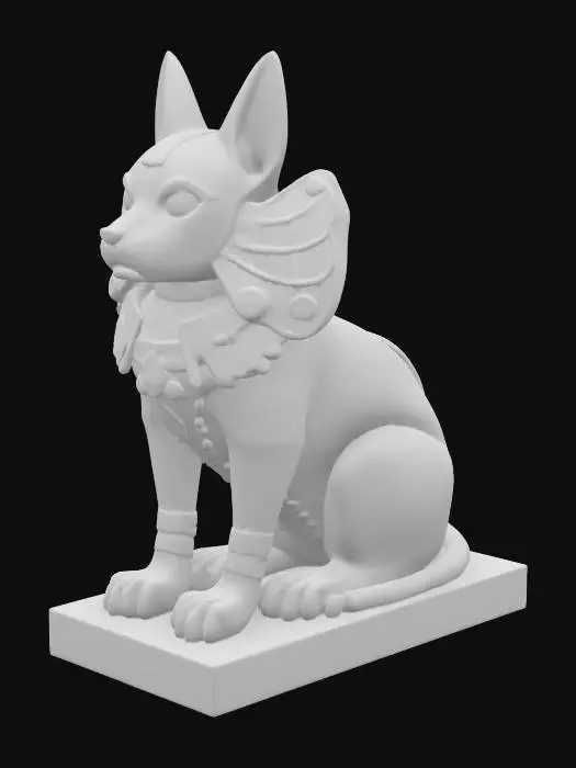 3D model for [Egypt] Bastet of the Black Sands: A sleek feline deity statue inspired by Anubis and Bastet, carved from polished black stone with gold trim, stylized cat head with tall ears and glowing eyes, golden Egyptian armor across the chest, ancient symbols etched into the limbs and tail, standing or seated in a regal symmetrical pose, highly detailed, watertight, solid printable 3D style, full-body character focus only, no background clutter , #AroundTheWorld#, 

