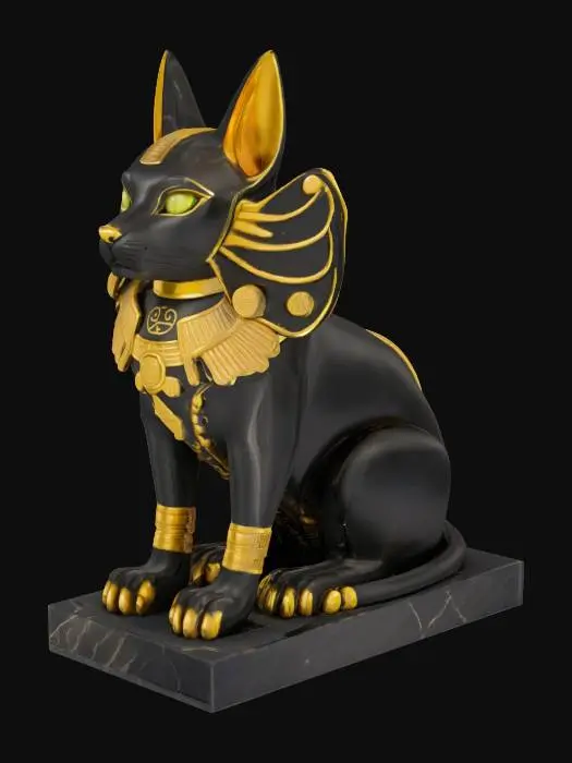 3D model for [Egypt] Bastet of the Black Sands: A sleek feline deity statue inspired by Anubis and Bastet, carved from polished black stone with gold trim, stylized cat head with tall ears and glowing eyes, golden Egyptian armor across the chest, ancient symbols etched into the limbs and tail, standing or seated in a regal symmetrical pose, highly detailed, watertight, solid printable 3D style, full-body character focus only, no background clutter , #AroundTheWorld#, 
