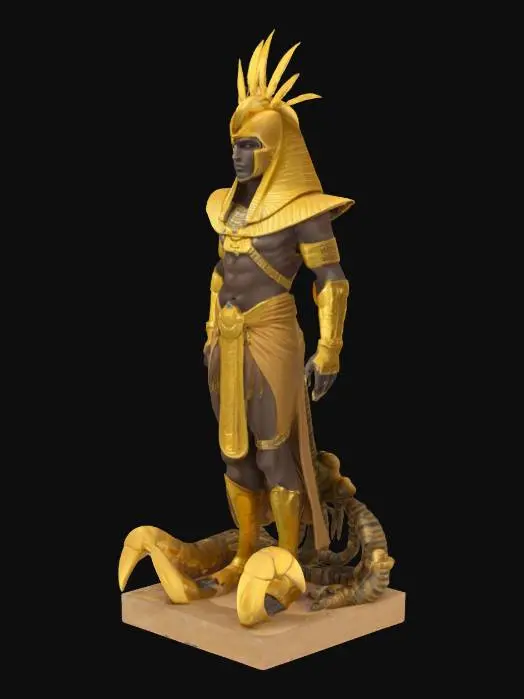 3D model for [Egypt] Scorpion Pharaoh, A humanoid statue with a scorpion lower body (like a tail + pincers), covered in gold-plated armor, Headpiece shaped like a pharaoh’s crown, with scarabs crawling along its back, Vibe: ancient executioner of the sands, #AroundTheWorld#