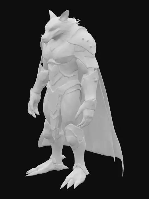 3D model for [Romania] The Codehowl Beast — a cybernetic werewolf wrapped in a black and gold armored cloak, glowing yellow eyes, sleek metallic fur with circuit-like engravings, standing on two legs in a powerful pose, symmetrical design, stylized for 3D printing, watertight, solid mesh, no particles, no smoke, no background, #AroundTheWorld#