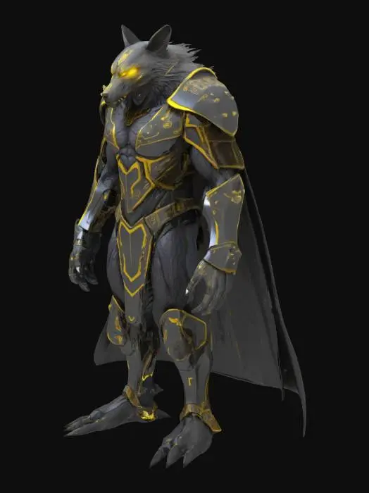 3D model for [Romania] The Codehowl Beast — a cybernetic werewolf wrapped in a black and gold armored cloak, glowing yellow eyes, sleek metallic fur with circuit-like engravings, standing on two legs in a powerful pose, symmetrical design, stylized for 3D printing, watertight, solid mesh, no particles, no smoke, no background, #AroundTheWorld#
